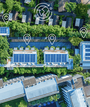 Aerial view of houses with solar panels