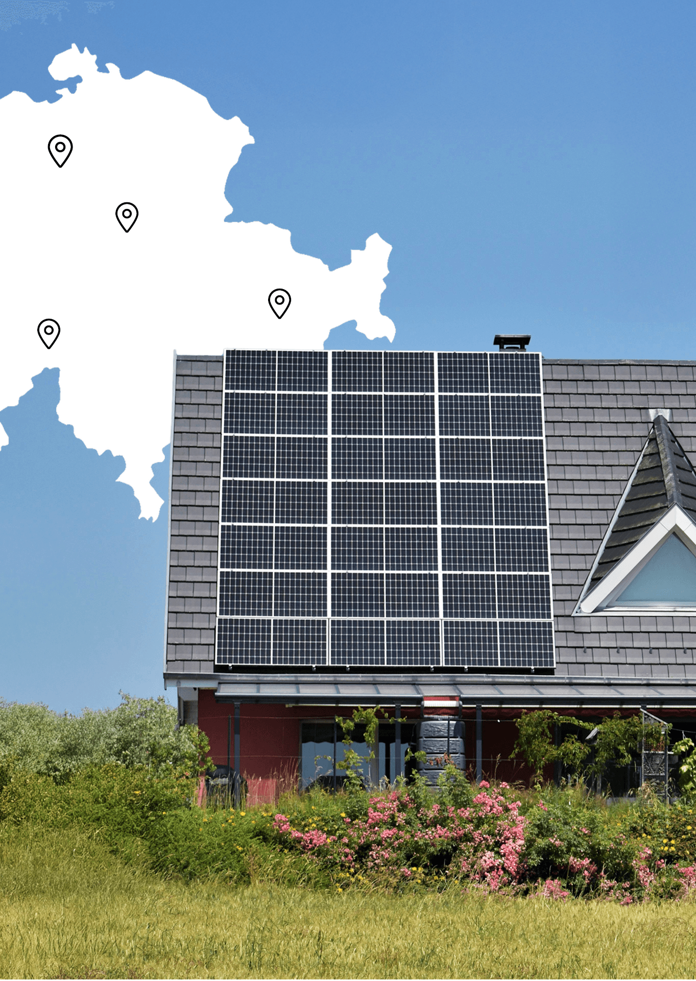 Solar panels on house with Switzerland map showing location pins